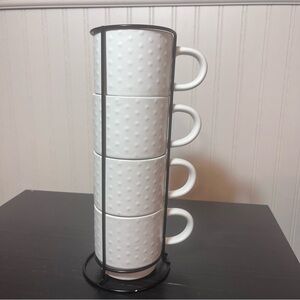Market Finds White Hobnail Stacking Mugs Set of 4 with Black Metal Storage Stand